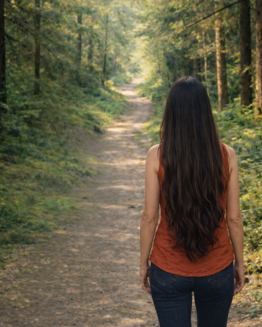 Femme marchant sur un chemin en forêt, symbolisant un processus de régulation et de sortie de la surcharge mentale.