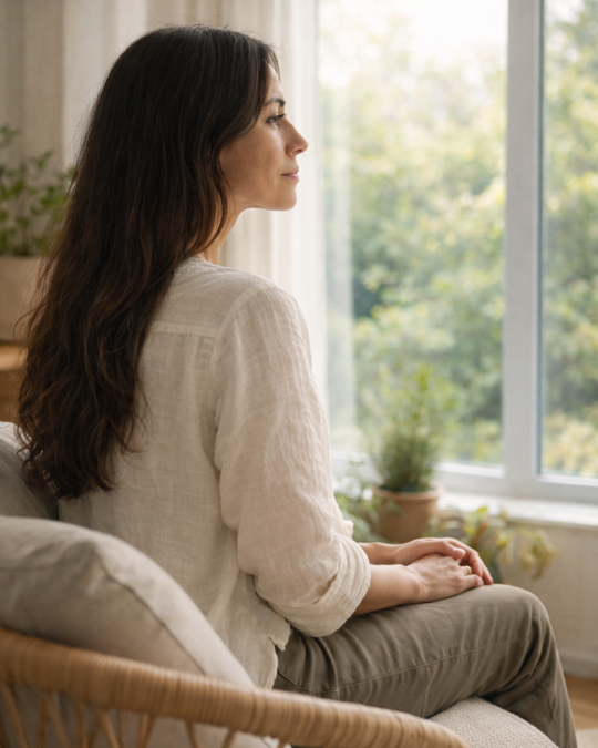 Femme assise de semi-profil dans une pièce lumineuse, regard tourné vers la fenêtre, posture calme et ancrée