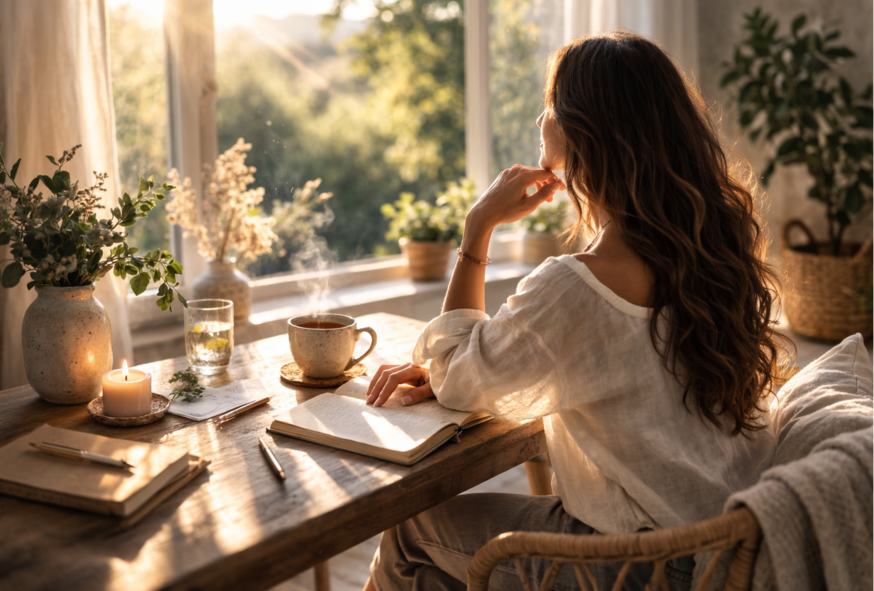 Femme assise à un bureau en bois, lumière douce du matin, carnet ouvert devant elle, posture calme et réfléchie symbolisant la clarté mentale et la prise de décision apaisée.