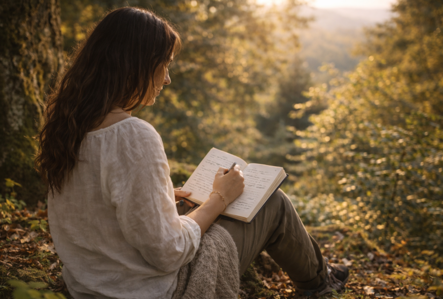 Femme assise en pleine nature, écrivant dans un carnet à la lumière dorée du soleil, ambiance paisible et végétale.