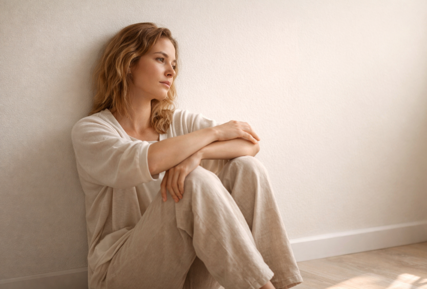 Femme assise au sol contre un mur clair, regard pensif, illustrant une surcharge mentale intérieure.