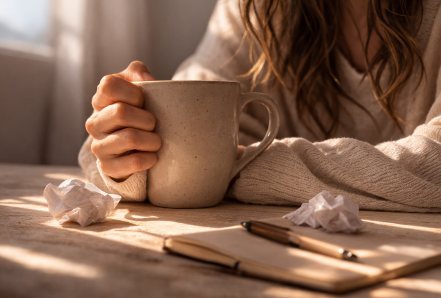 Main crispée tenant une tasse chaude, symbolisant la tension émotionnelle et l’irritabilité.