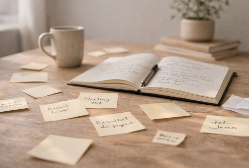 Carnet ouvert avec notes et post-it éparpillés sur un bureau, illustrant la confusion mentale.