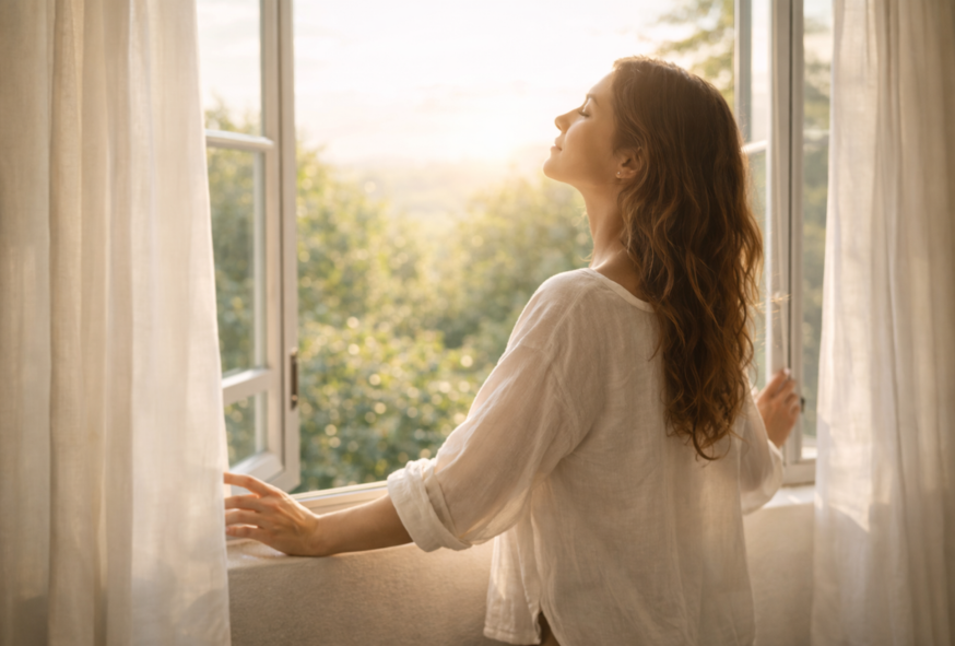 Femme debout face à une fenêtre ouverte respirant profondément dans une lumière douce.