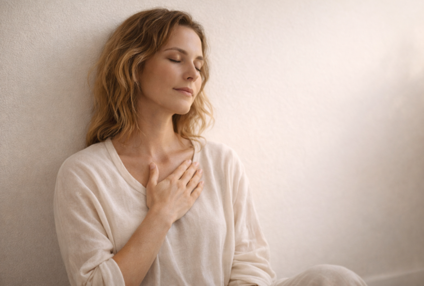 Créer de la sécurité intérieure Femme les yeux fermés, main posée sur le cœur, respirant calmement contre un mur clair.
