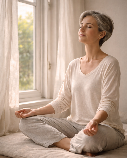 Femme aux cheveux courts poivre et sel assise en tailleur près d’une fenêtre, respirant lentement.