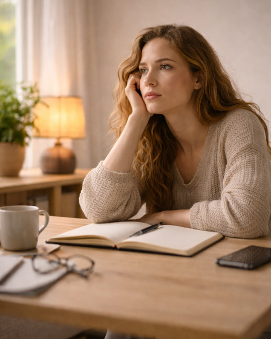 Femme assise à un bureau, l’air pensive, regard tourné vers le vide avec un carnet ouvert devant elle.