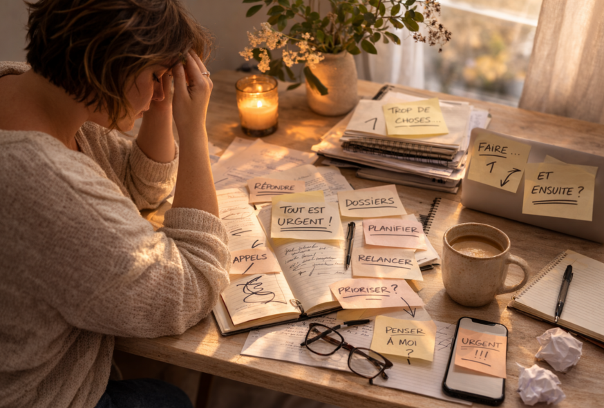 Bureau encombré de papiers et de post-it avec une femme tenant sa tête entre ses mains.