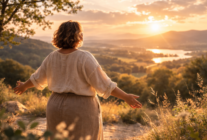 Femme vue de dos, debout face à un paysage lumineux au coucher du soleil.