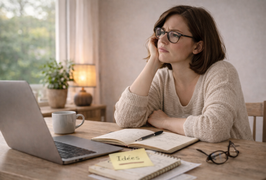 Femme brune avec un carré et des lunettes assise à son bureau, regardant son ordinateur avec un carnet ouvert devant elle.