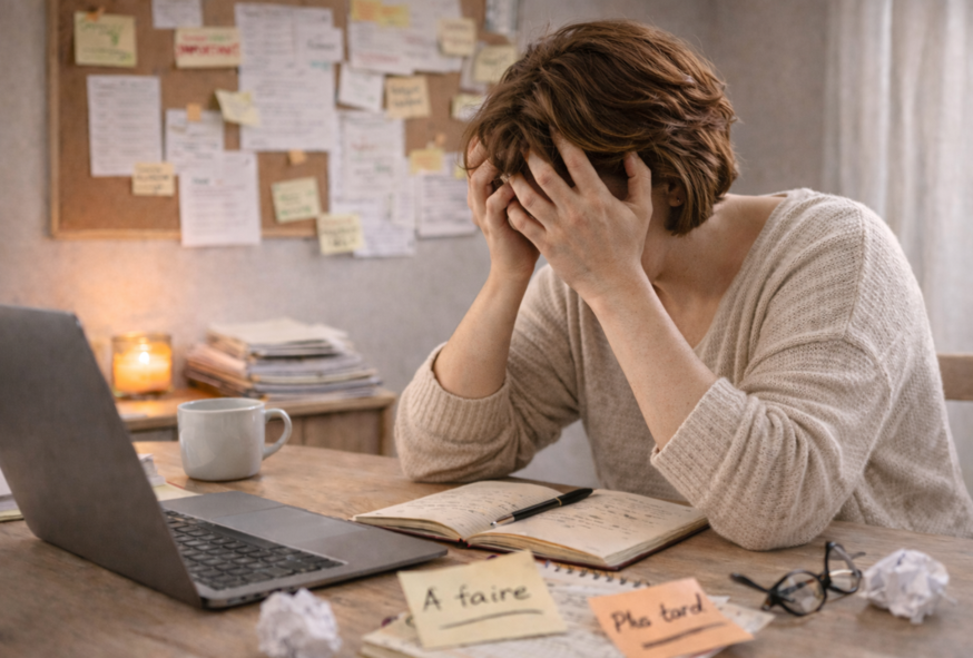 Femme assise à un bureau encombré, tenant sa tête entre ses mains devant un ordinateur portable et des notes.