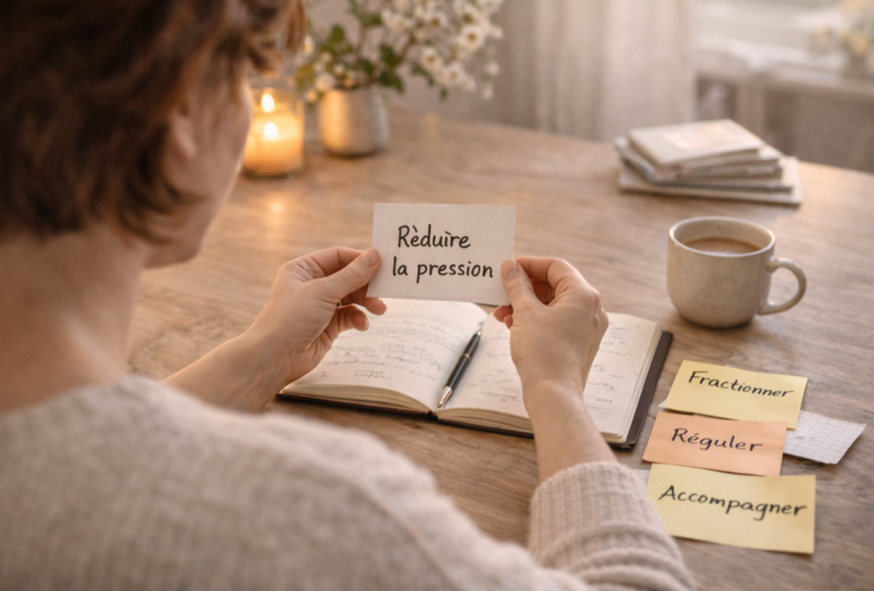 Femme tenant un post-it avec l’inscription “Réduire la pression”, d’autres notes visibles sur un bureau avec un carnet ouvert et une tasse.