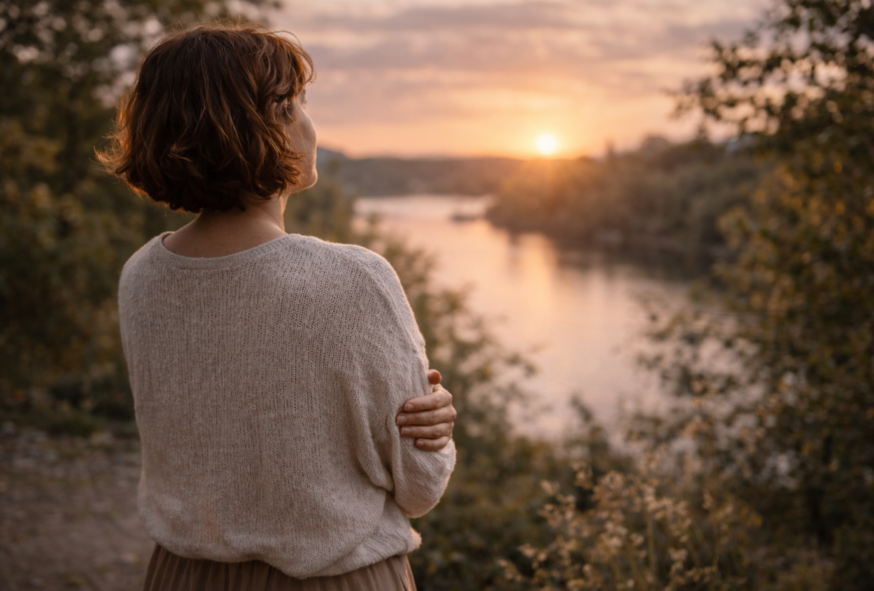 Femme vue de dos contemplant un paysage au coucher du soleil près d’un lac, dans une ambiance calme et chaleureuse.