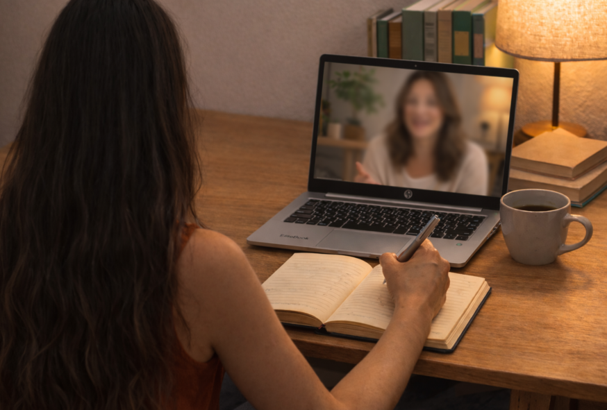 Femme assise à un bureau en bois, carnet ouvert devant elle, en séance de coaching en visio sur ordinateur portable, posture attentive et concentrée.