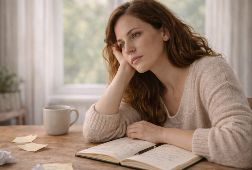 Femme regard dans le vide carnet ouvert procrastination blocage mental difficulté à passer à l’action fatigue mentale