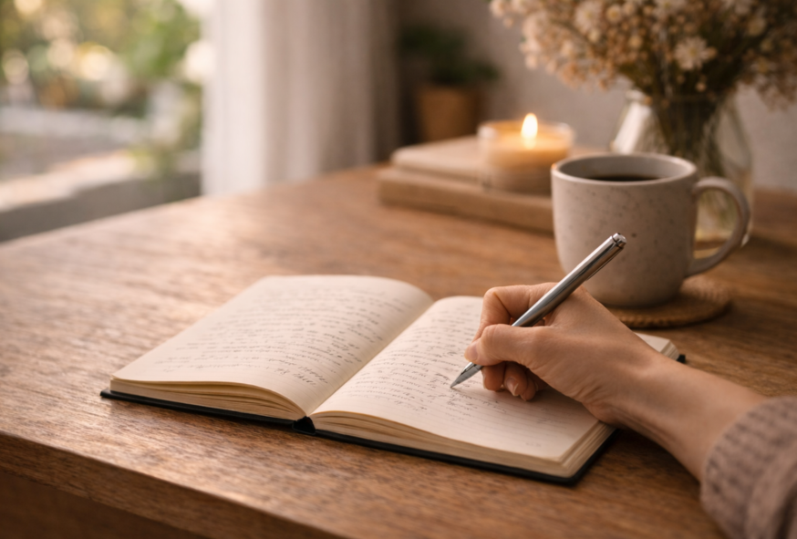 Main écrivant dans un carnet ouvert sur un bureau en bois, lumière naturelle douce, mug en arrière-plan et ambiance chaleureuse.