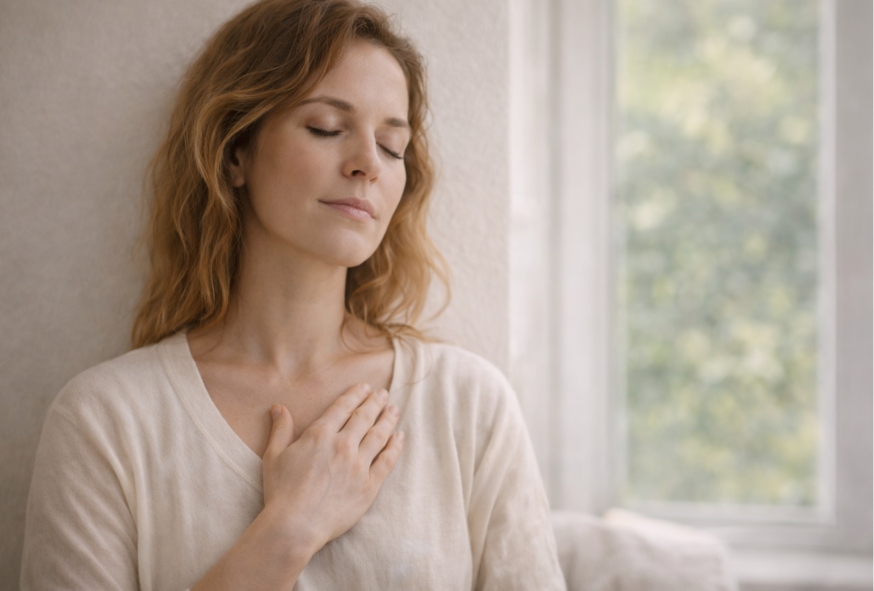 Femme yeux fermés main sur le cœur régulation système nerveux apaisement mental respiration calme intérieur