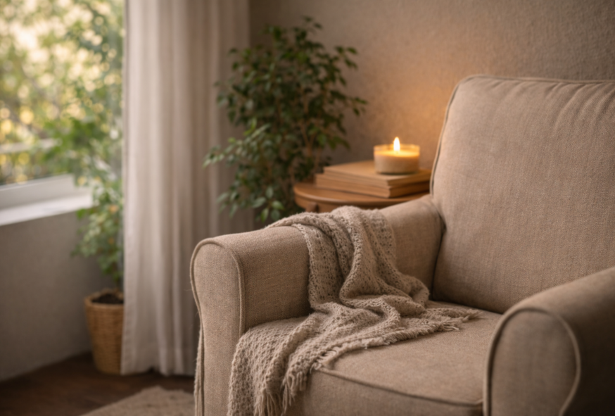 Fauteuil confortable près d’une fenêtre avec lumière douce, plaid posé sur l’accoudoir, plante verte et ambiance chaleureuse.