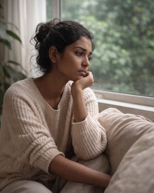Femme assise près d’une fenêtre regardant dehors avec un air pensif et introspectif
